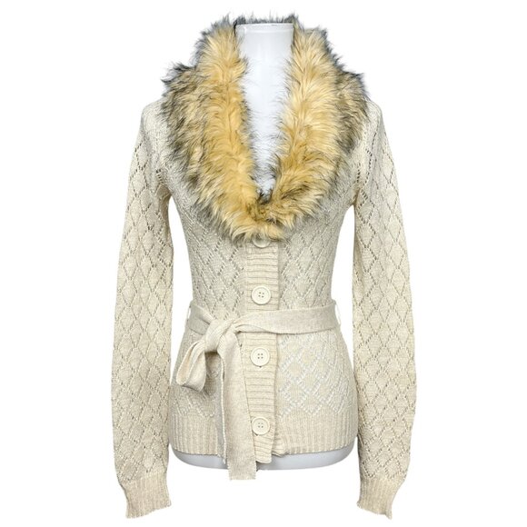 Vintage Y2K Fur Trim Cardigan Sweater Pointelle Knit Penny Lane Cream - Picture 1 of 13